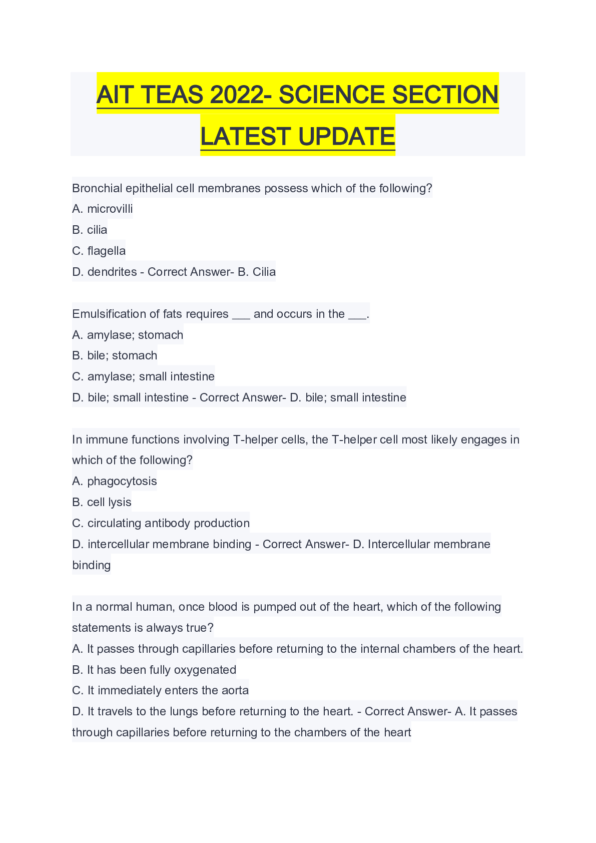 Preview of AIT TEAS 2022- SCIENCE SECTION  LATEST UPDATE